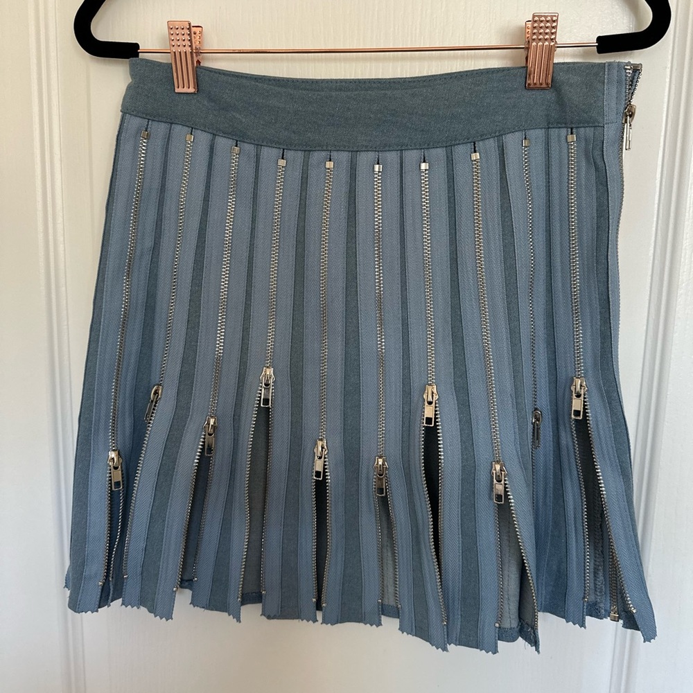 Denim Blue Jean Zipper Pleated Skirt